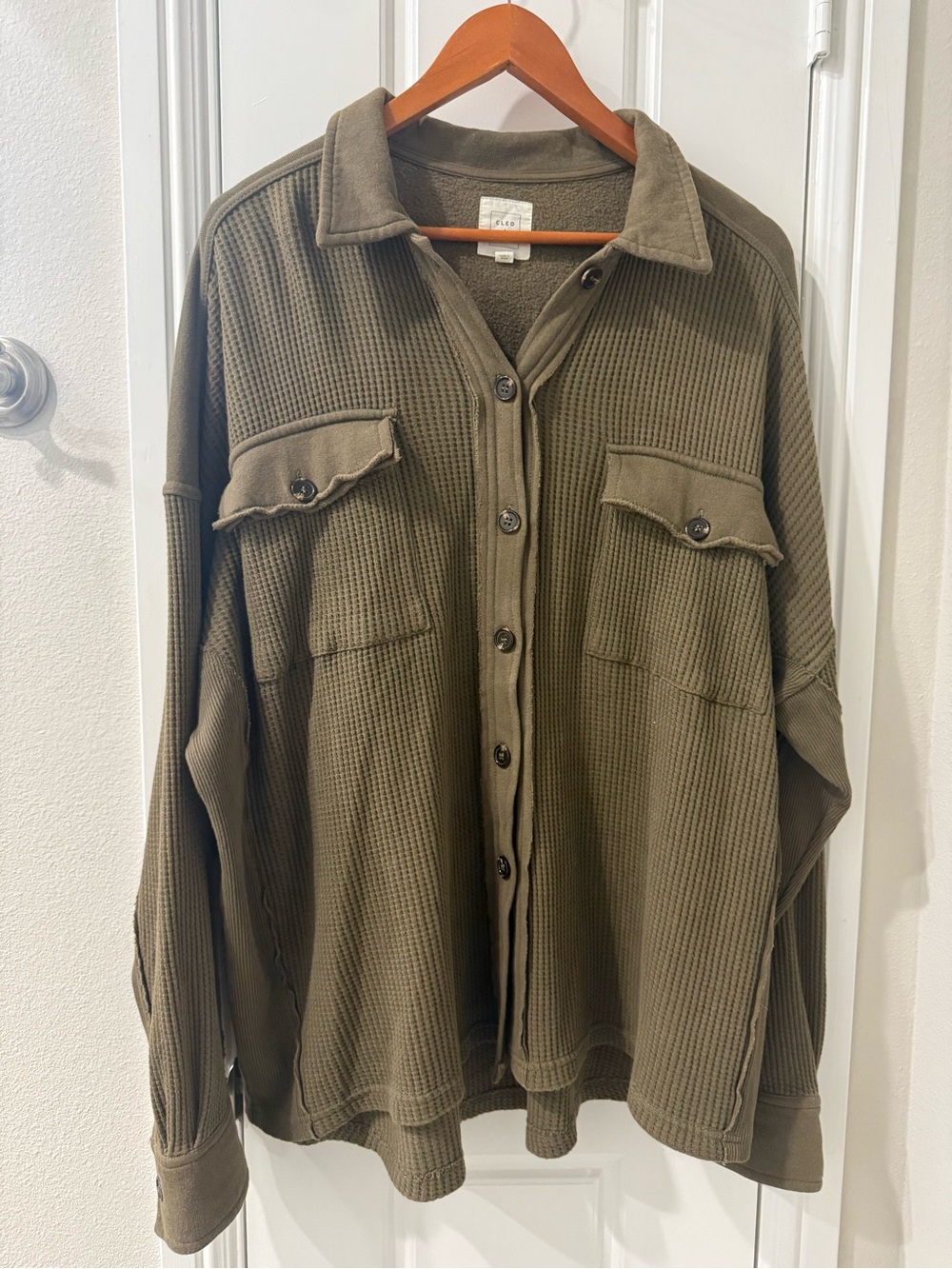 Cleo + Wolf Oversized Waffle Knit Button Up Shacket Olive